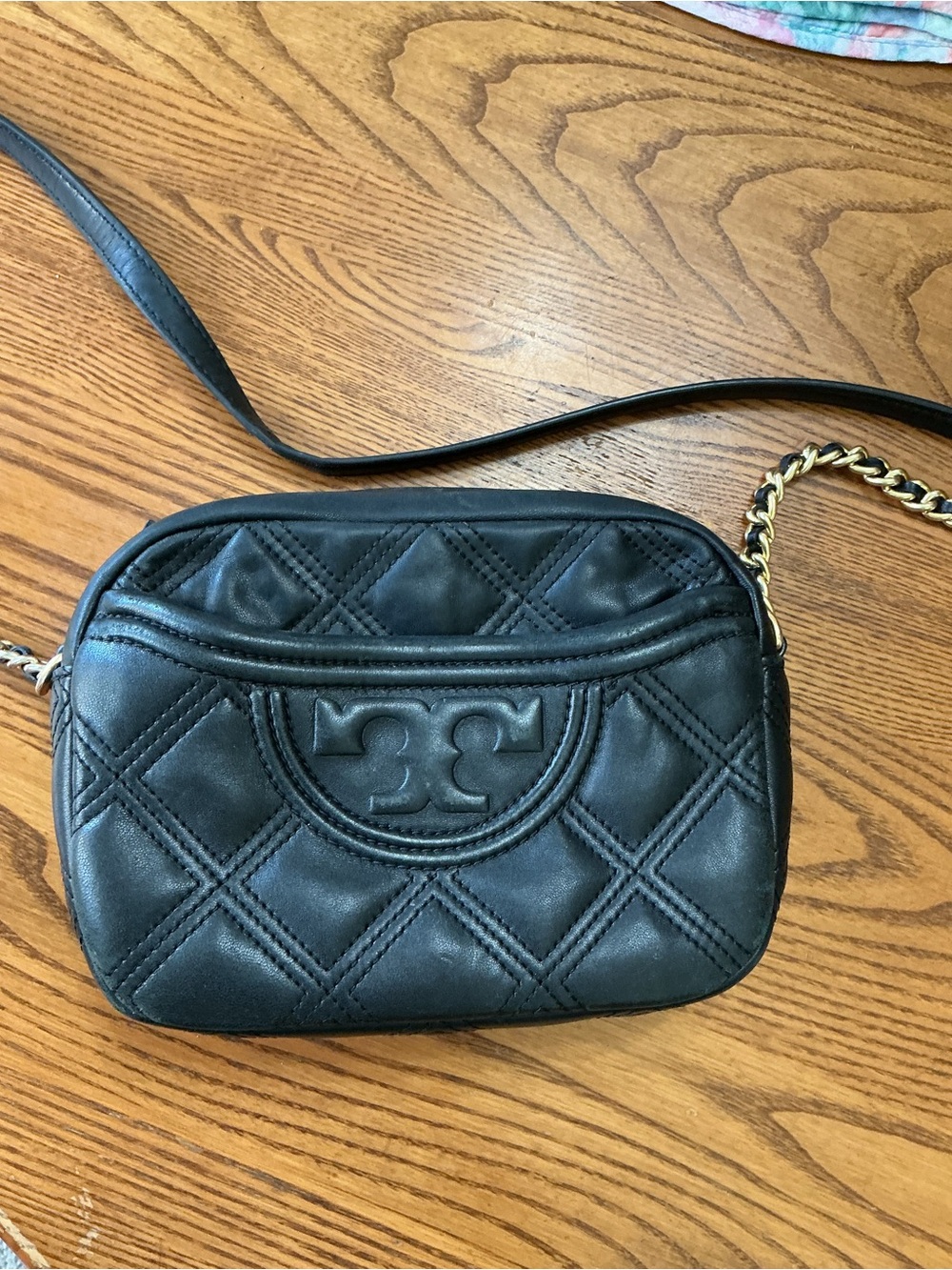 Tory Burch Black Quilted Leather with Gold Chain Accent